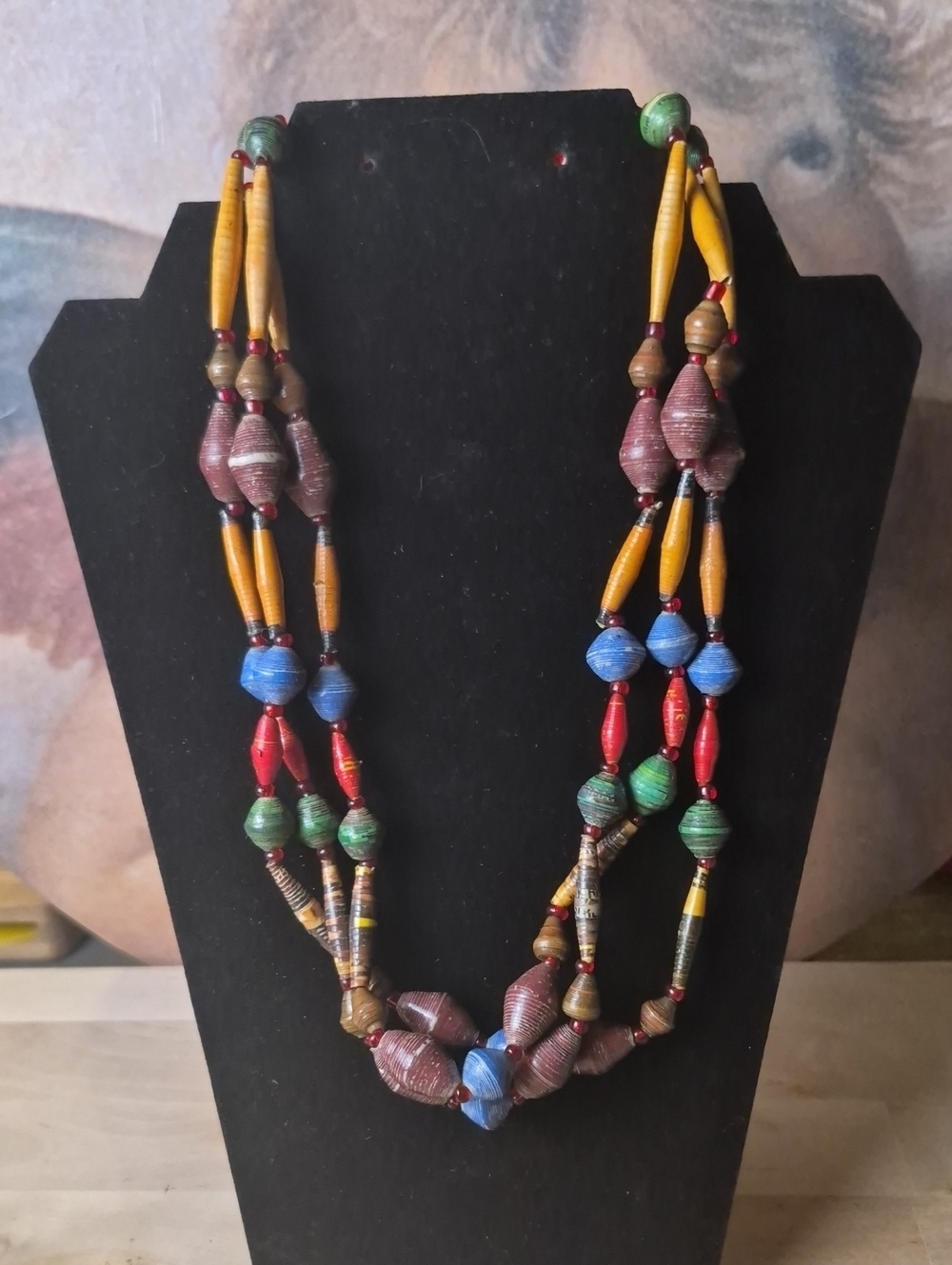 Multicolor Beaded Paper Necklace with Yellow, Red, Blue & Green Accents